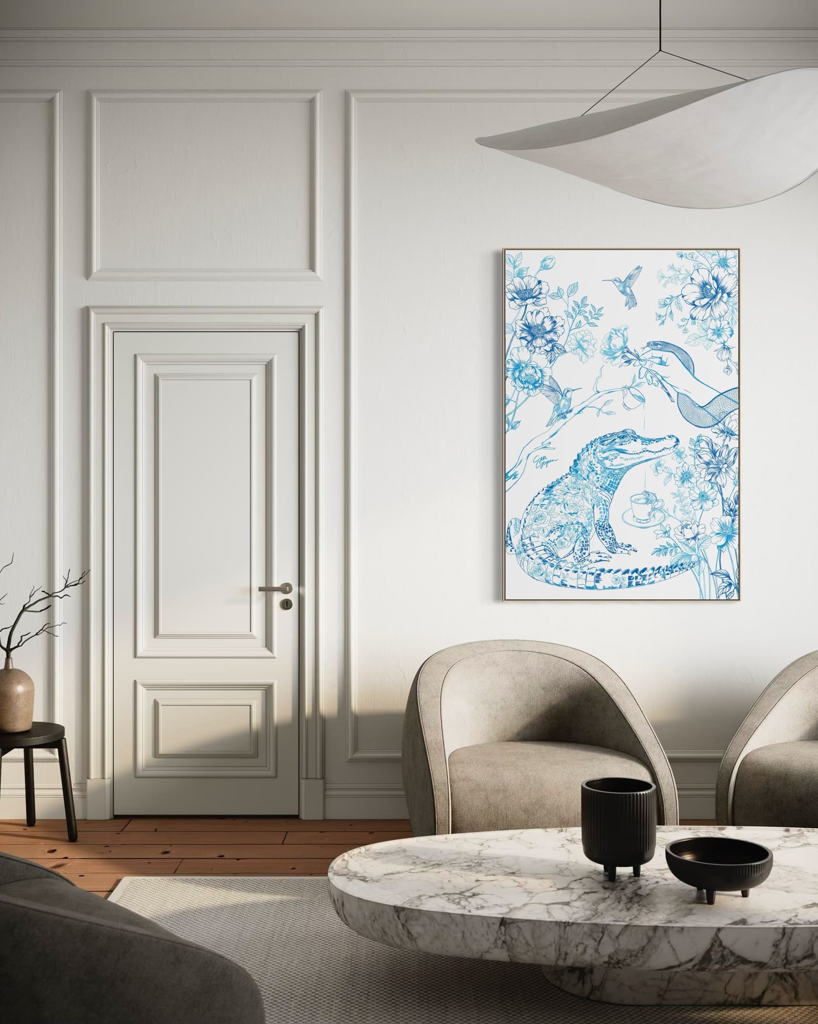 Jungle Tea artwork hangend in moderne woonkamer.