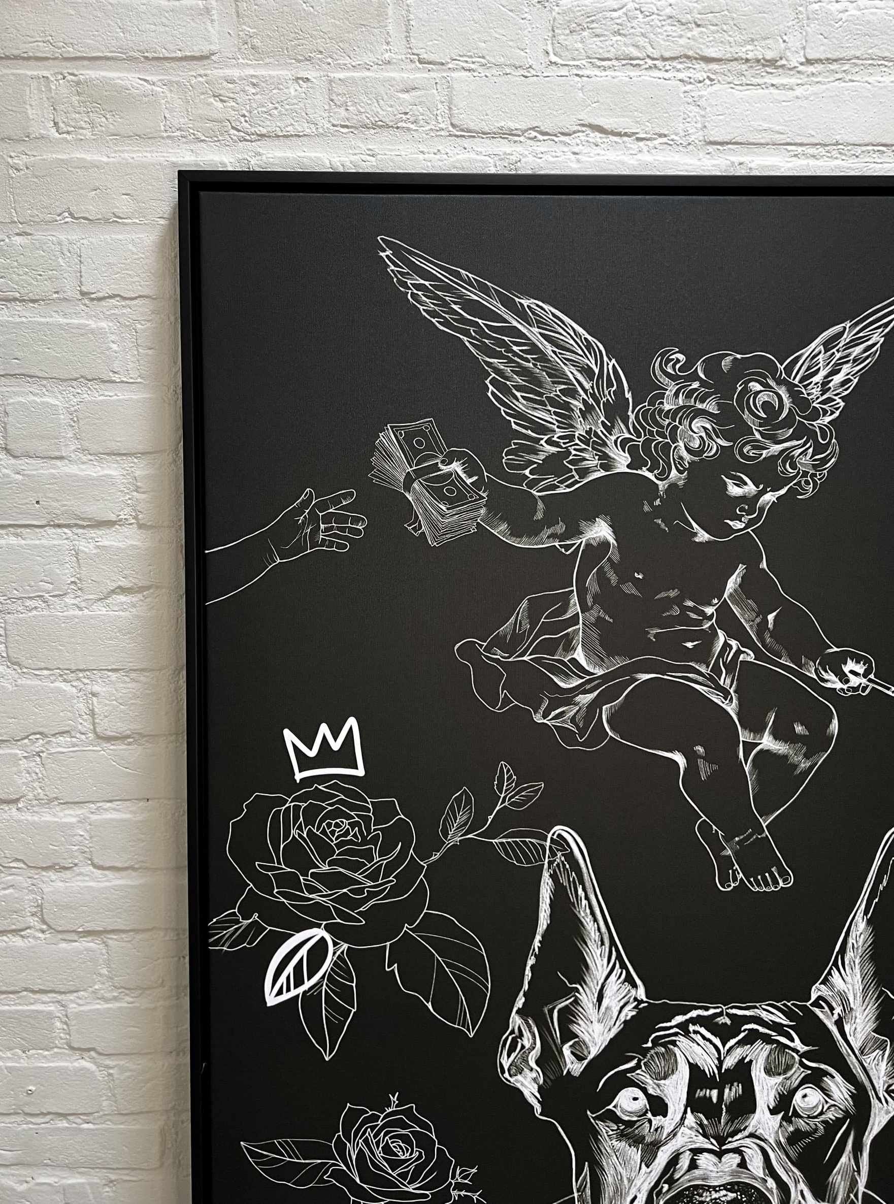 Canvas met baklijst, zwart met witte lining. Sirious Hustle artwork.