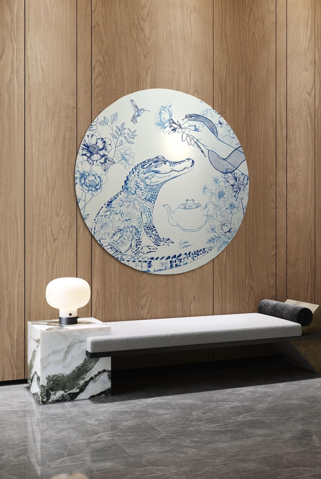 Sirious Art, Jungle Tea collectie muurcirkel ophangen in interieur met houten panelen op wand.